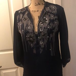 Bead embellished lined tunic blouse.